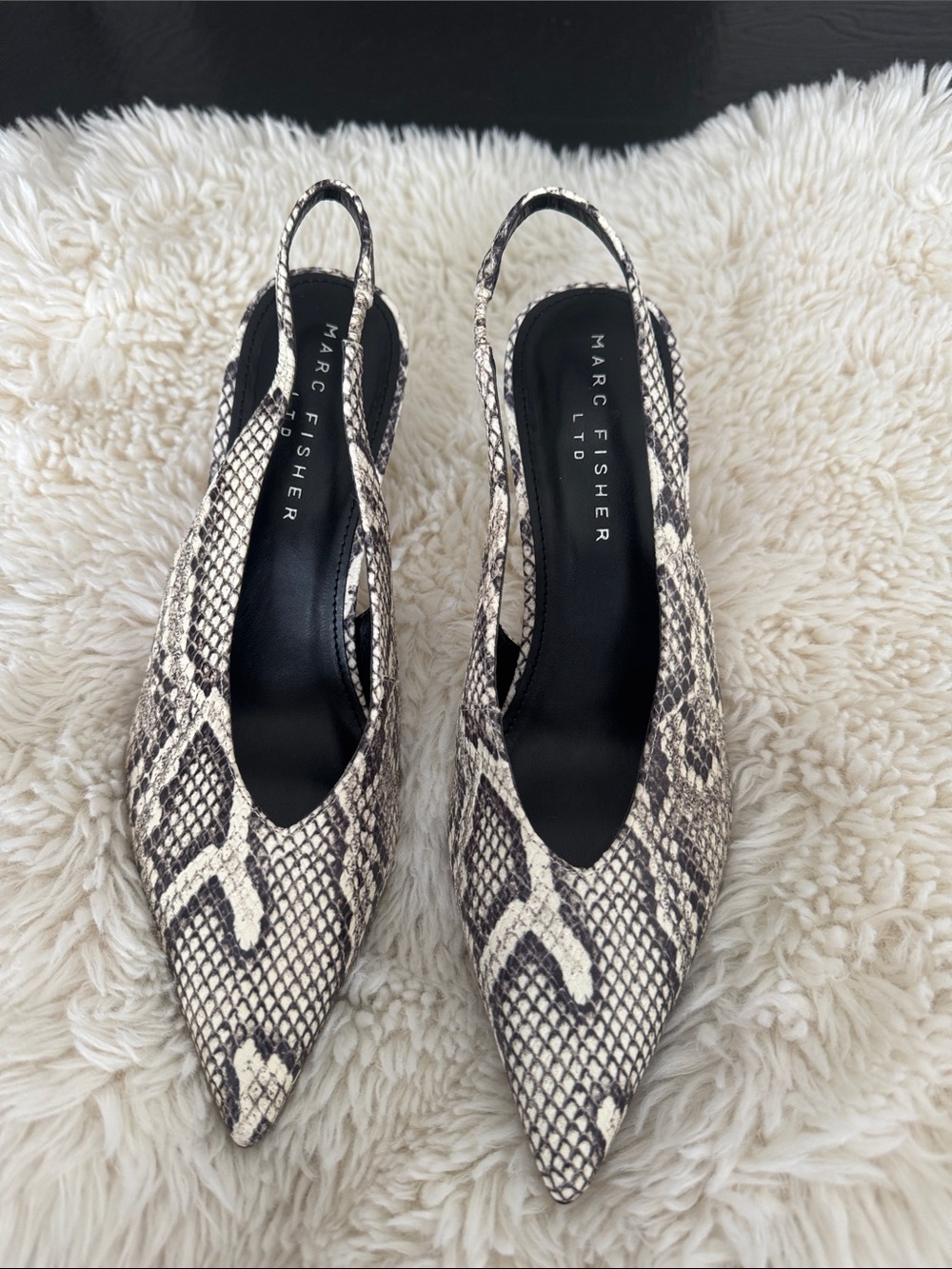 Marc Fisher Python-Print Pointed Slingback Pumps in Black & Cream
